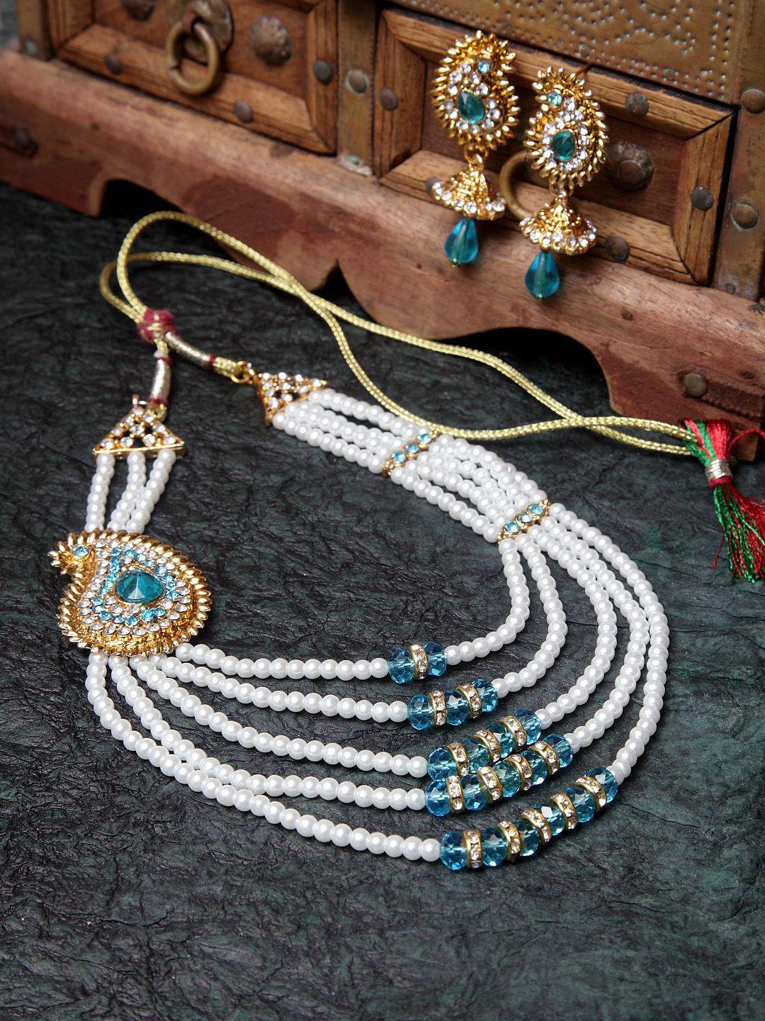 anikas creation gold-plated turquoise blue & white pearl & stone-studded layered jewellery set