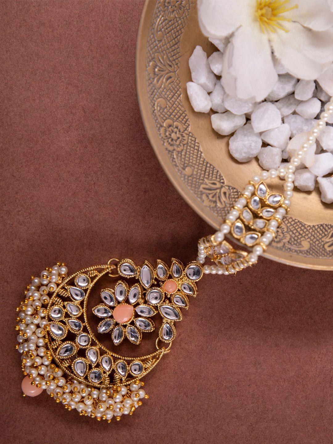 anikas creation gold-plated white & peach-coloured stoned & pearl beaded maang tikka