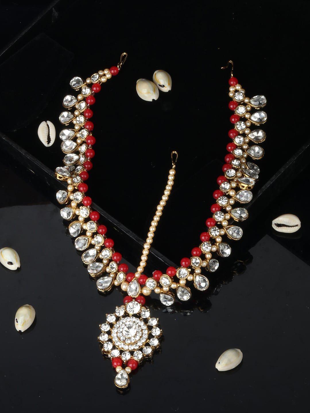 anikas creation gold-plated white & red stone-studded & beaded handcrafted matha patti