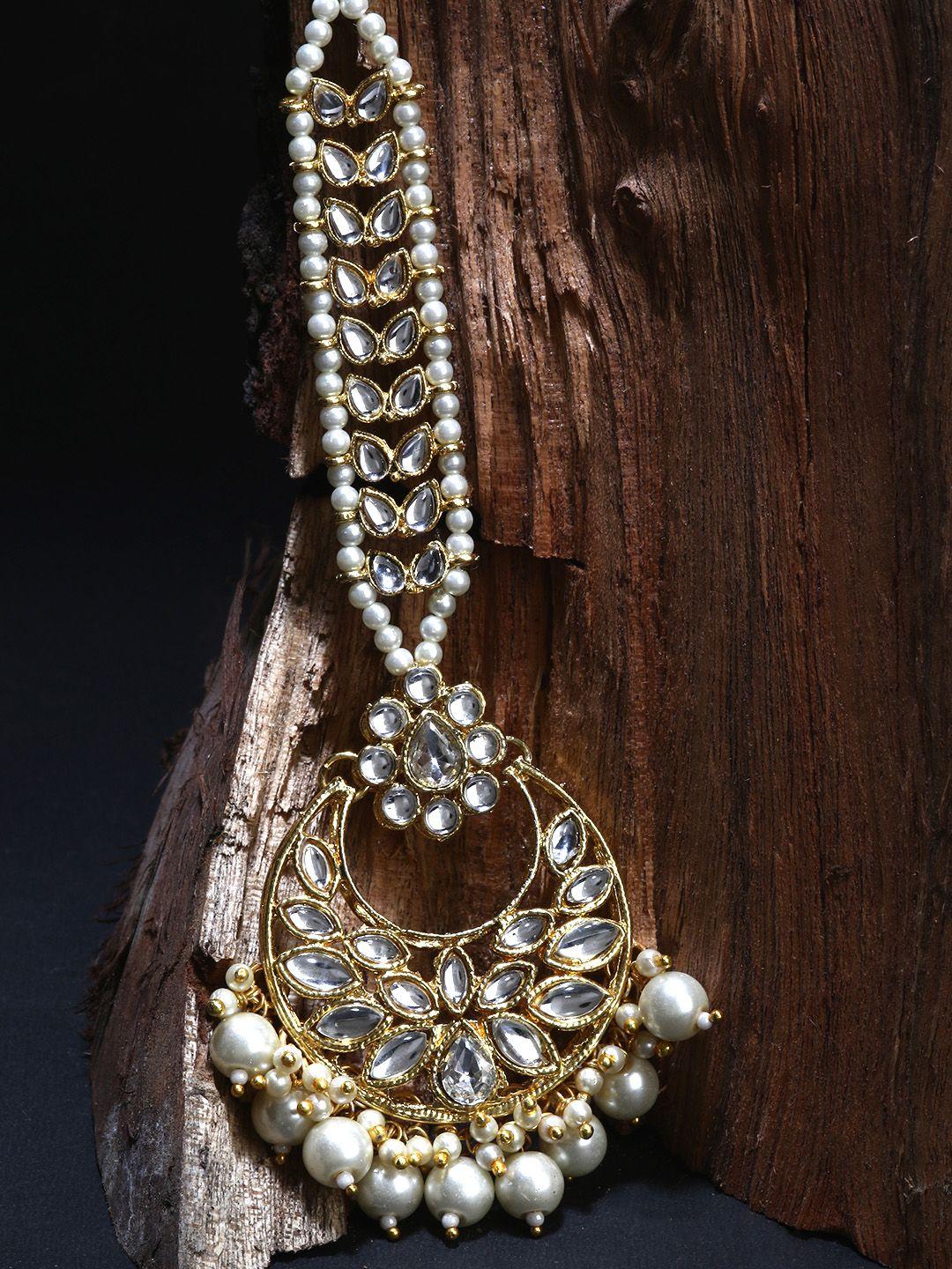 anikas creation gold-plated white handcrafted maang tikka