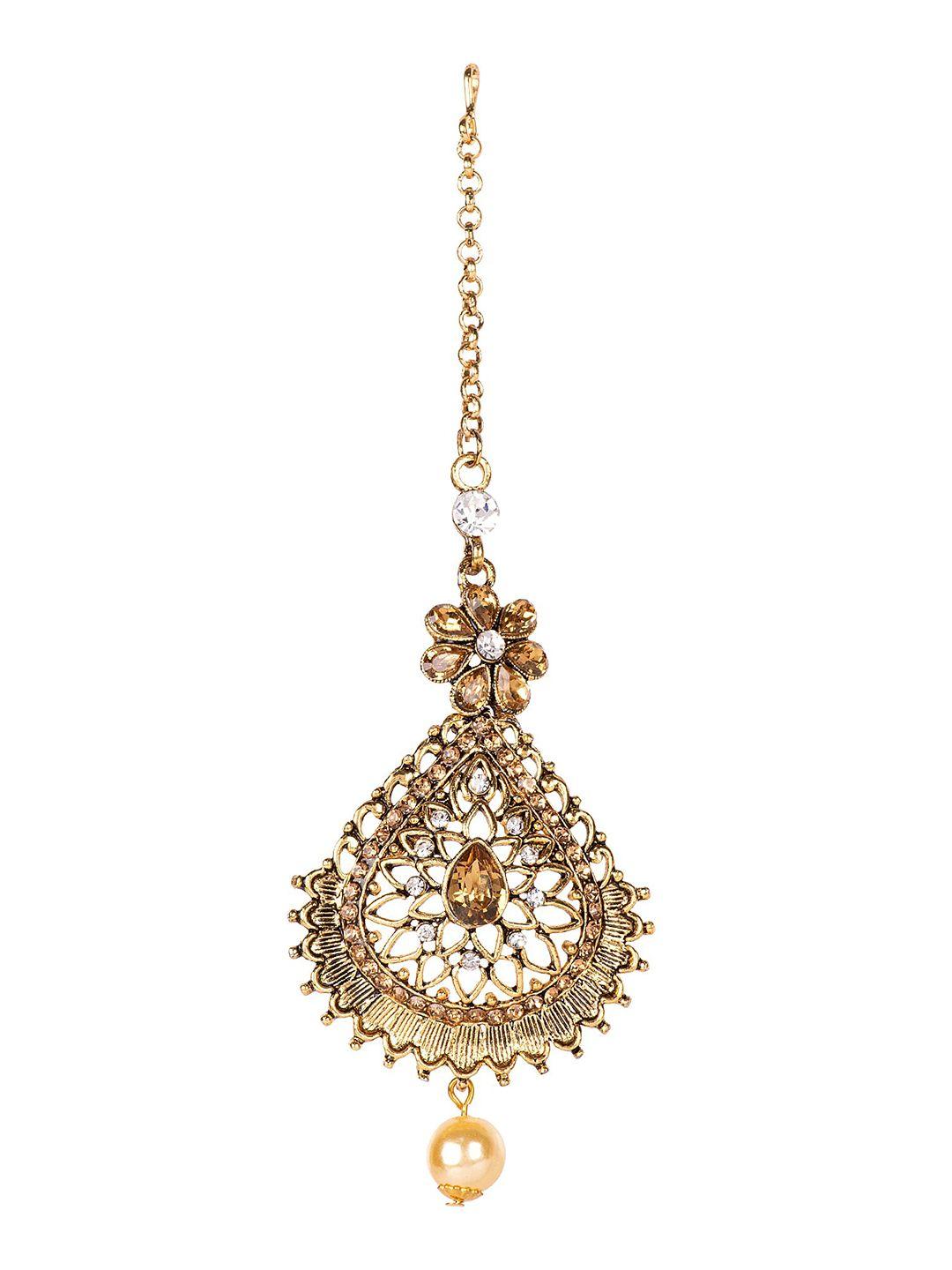 anikas creation gold-plated white stone studded & beaded handcrafted maang tikka