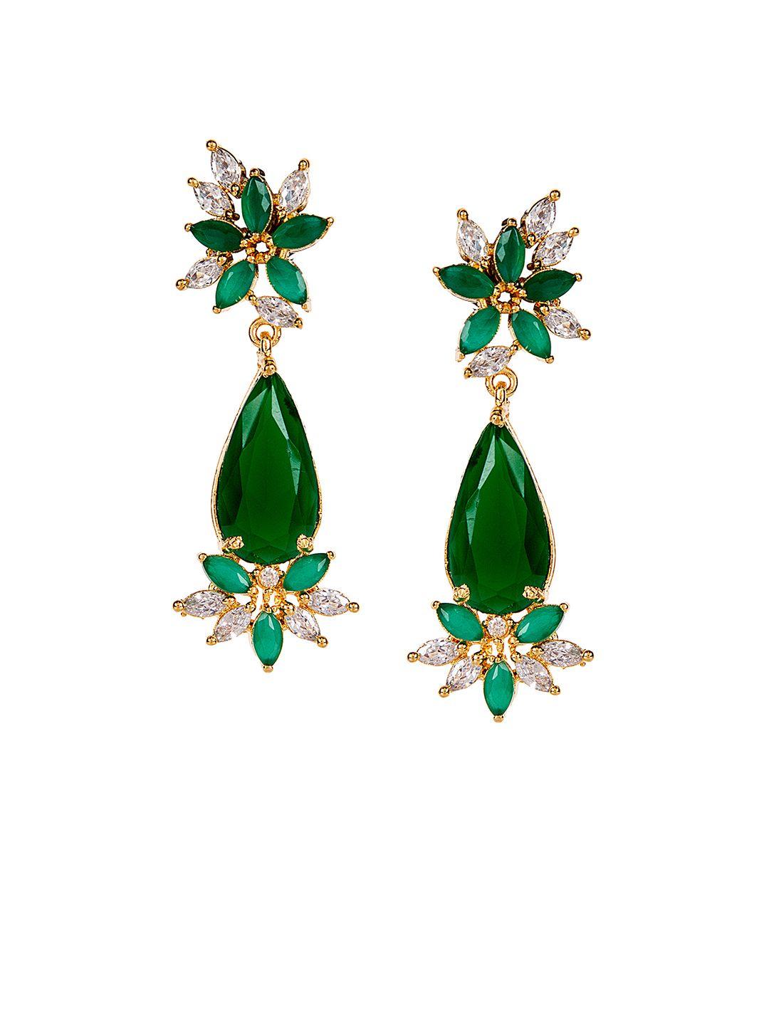 anikas creation gold-toned & green floral drop earrings