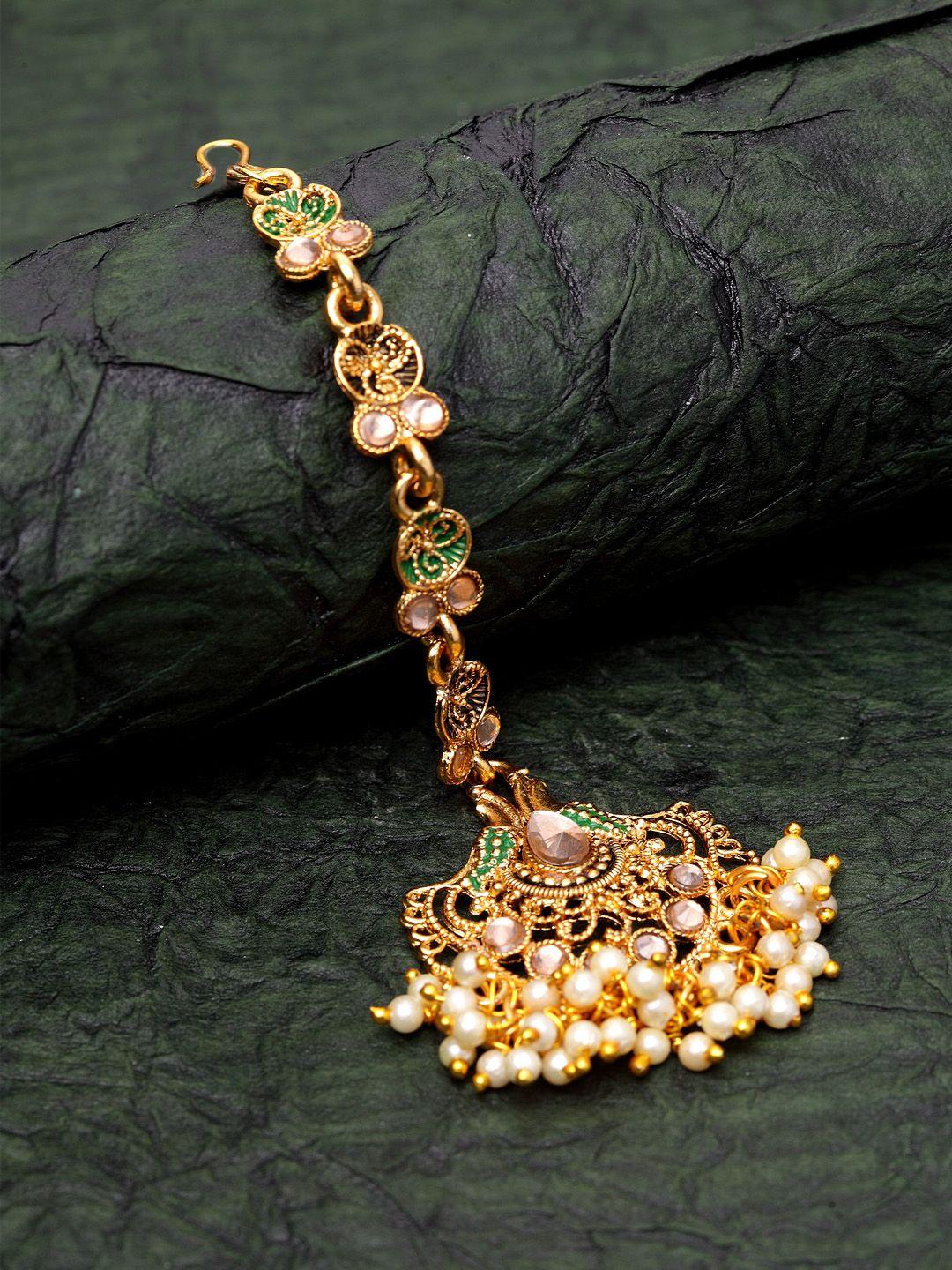 anikas creation green & beige gold-plated kundan & pearl hand-painted maang tikka