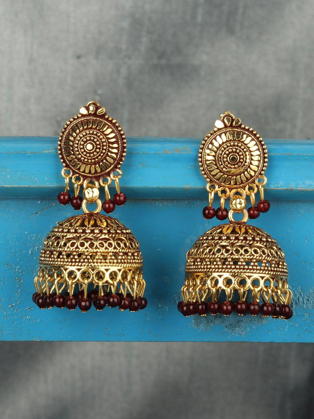 anikas creation maroon & gold-plated dome shaped jhumkas
