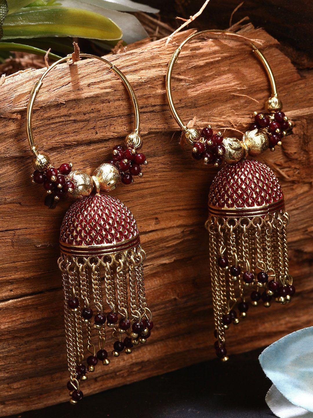 anikas creation maroon & gold-plated enamelled dome shaped jhumkas