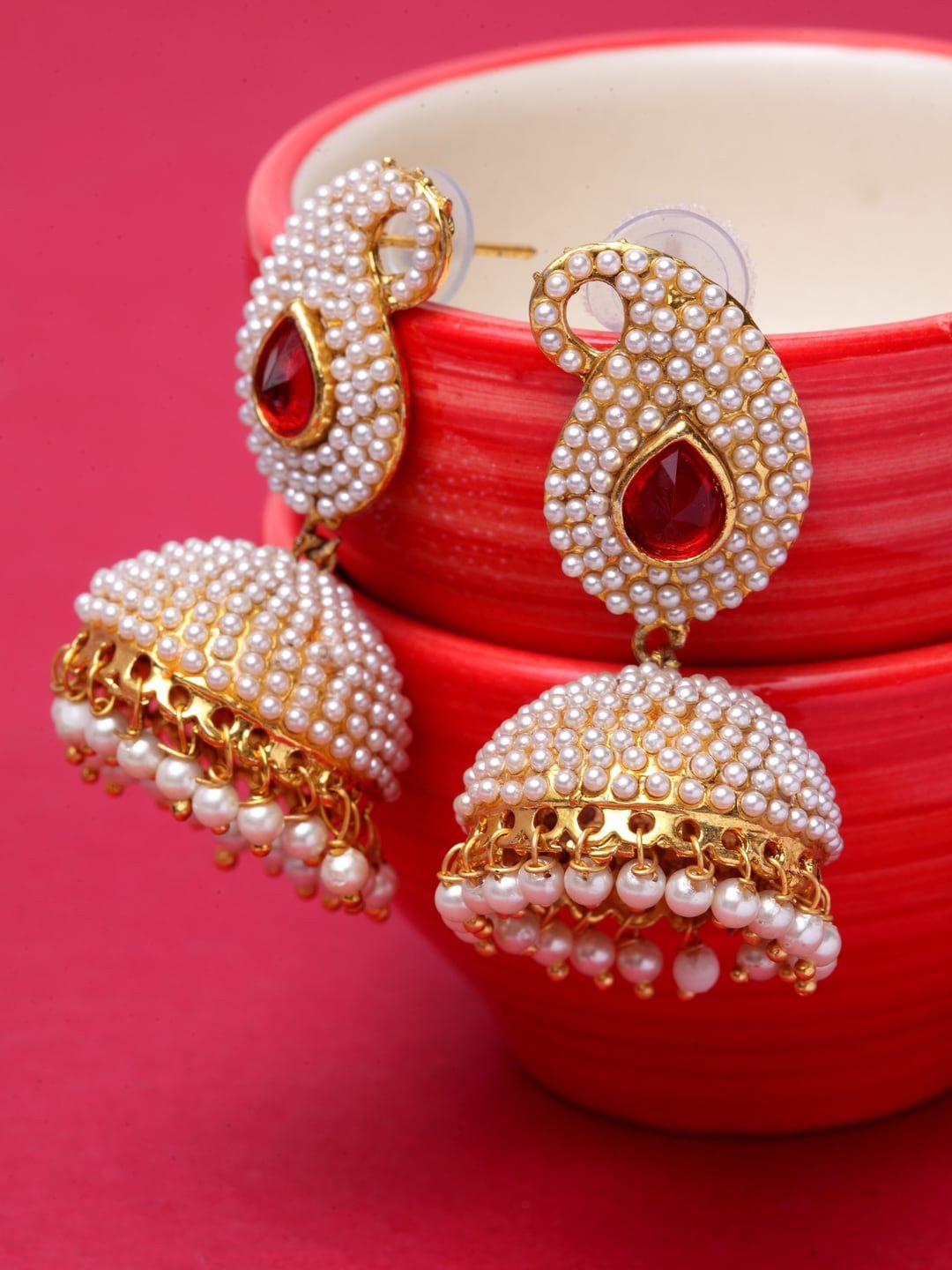 anikas creation off-white & gold-toned dome shaped jhumkas
