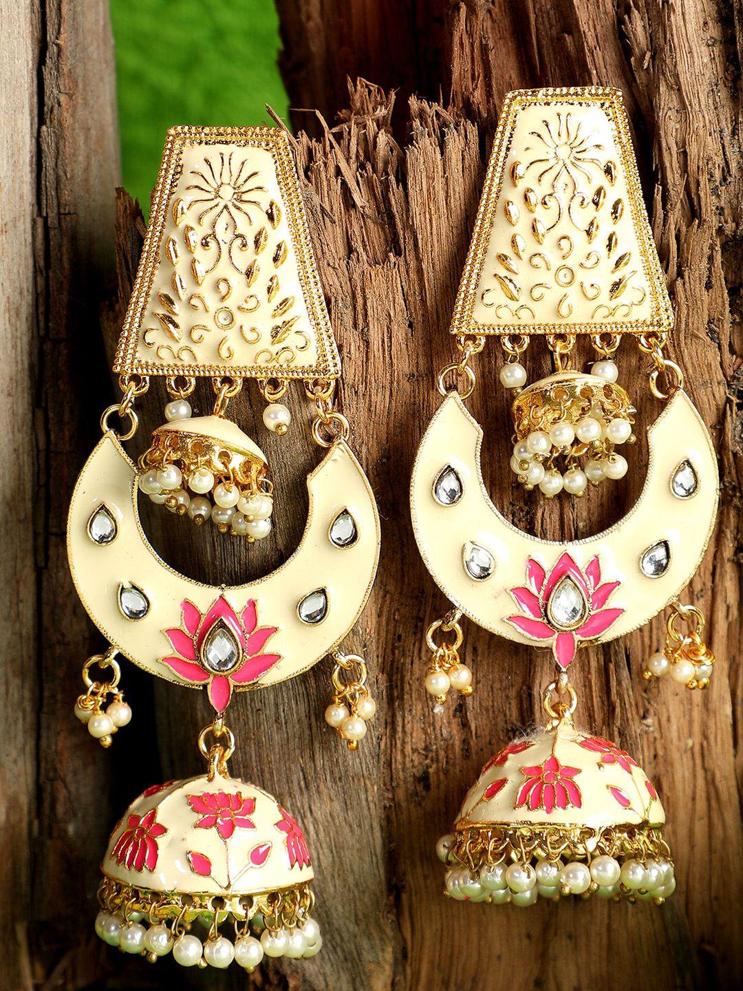 anikas creation off-white & pink gold-plated dome shaped jhumkas