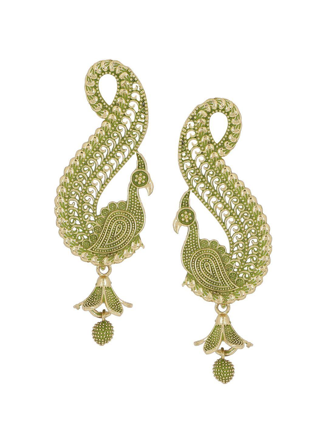 anikas creation olive green & gold-toned peacock shaped drop earrings