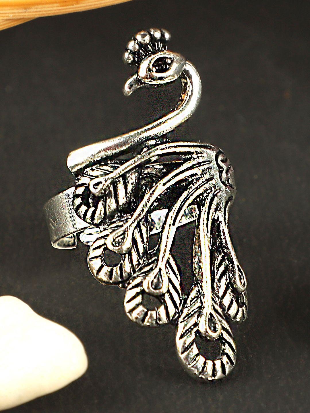 anikas creation oxidised silver-plated silver-toned peacock adjustable finger ring