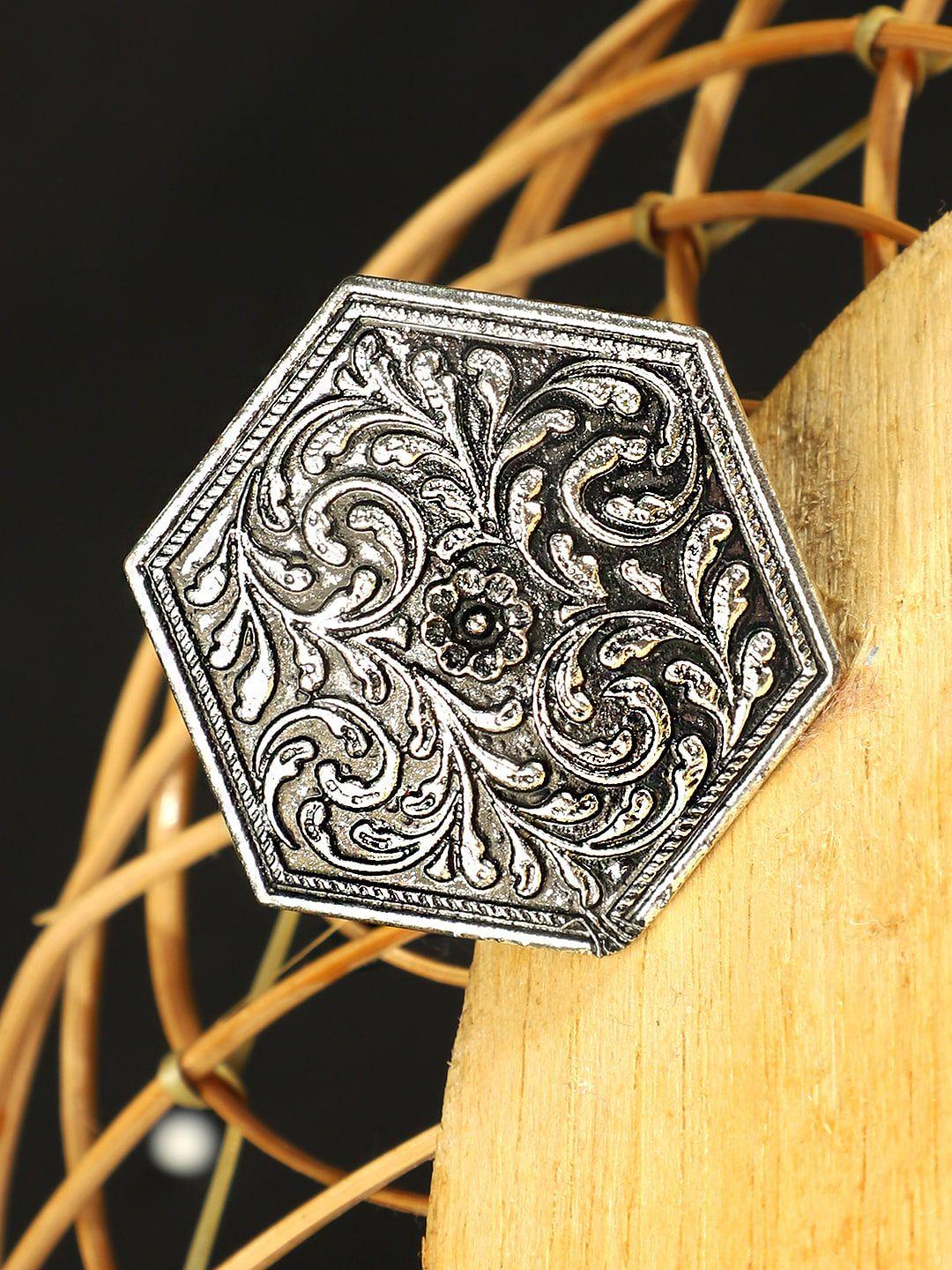 anikas creation oxidized silver-plated geometric shape finger ring