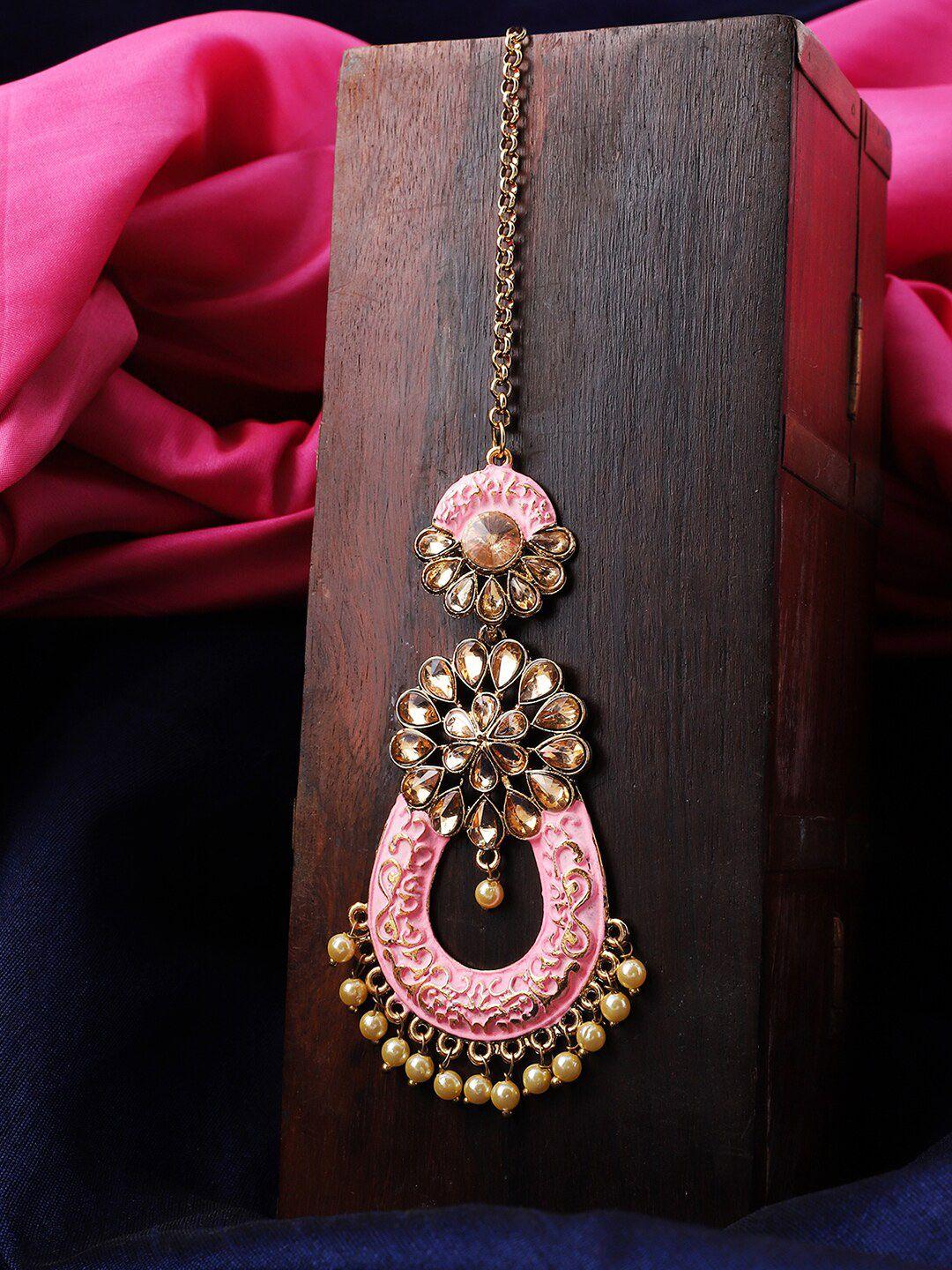 anikas creation pink & beige stone-studded & beaded gold-plated meenakari maang tikka
