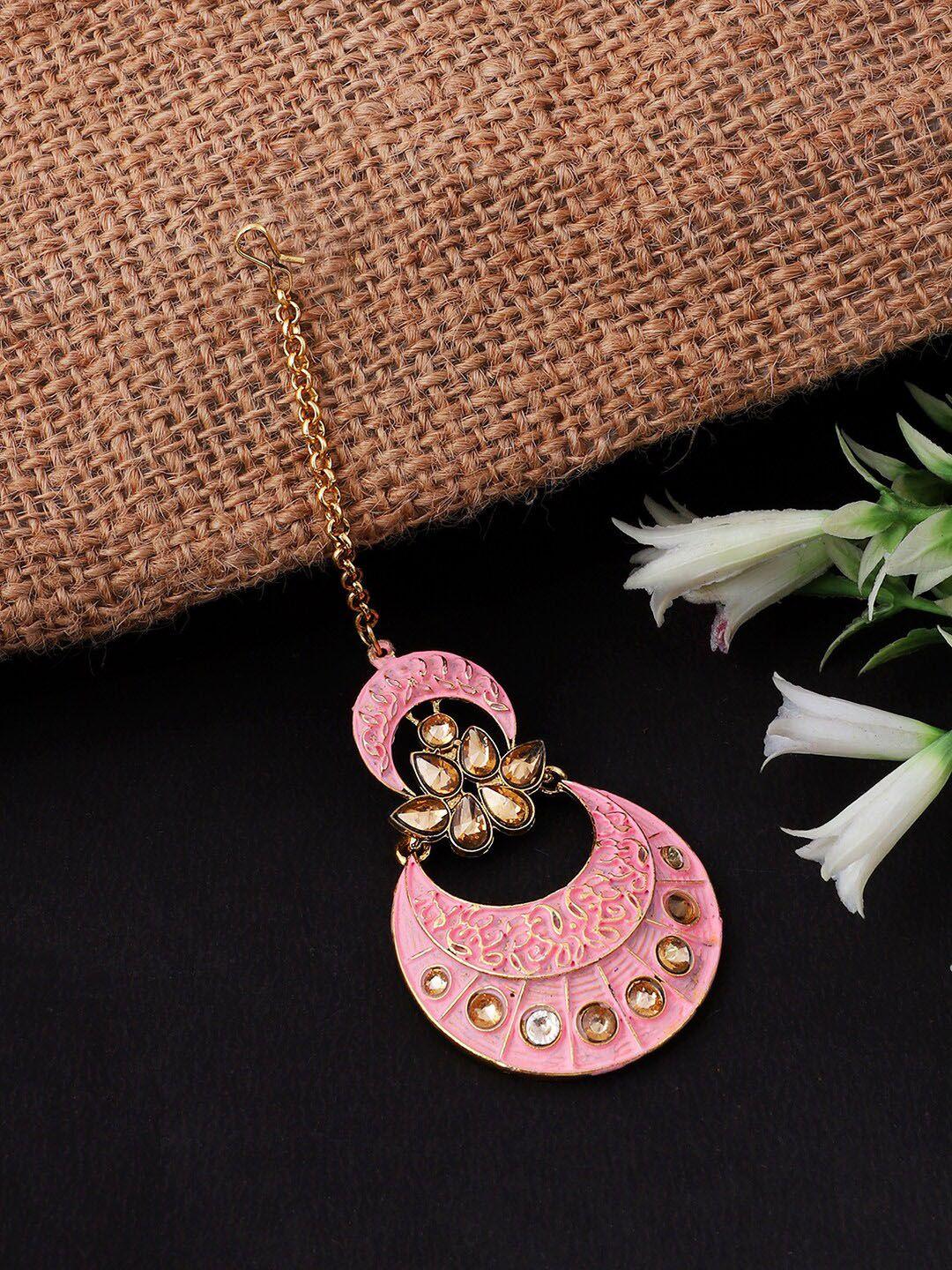 anikas creation pink & gold plated stone studded meenakari maang tika