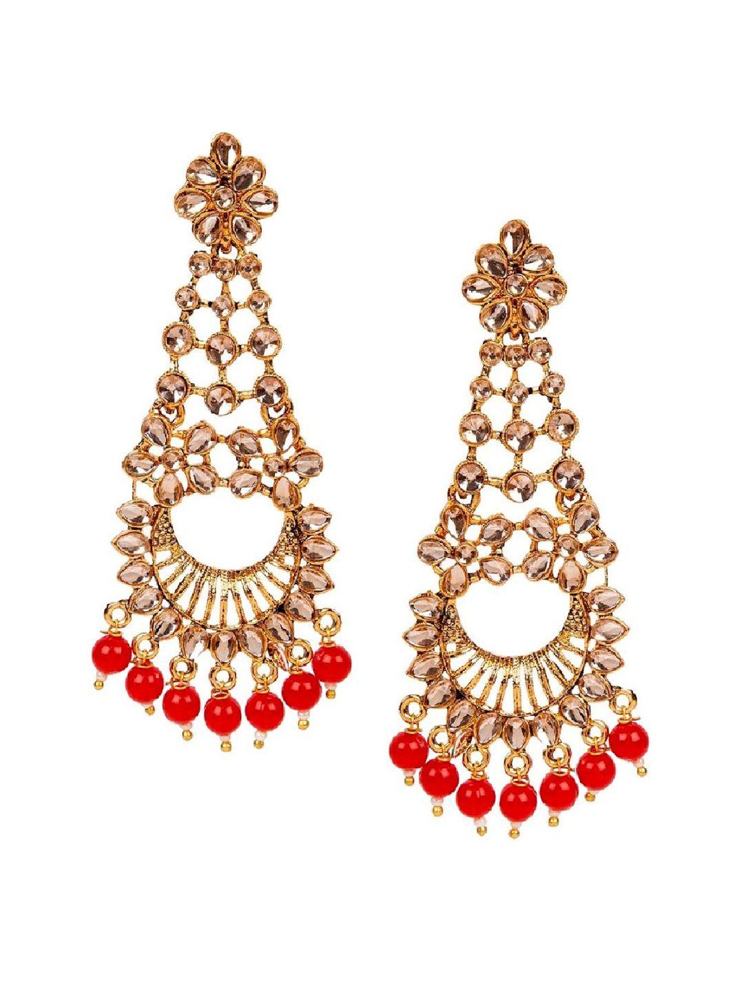 anikas creation red gold-plated floral drop earrings