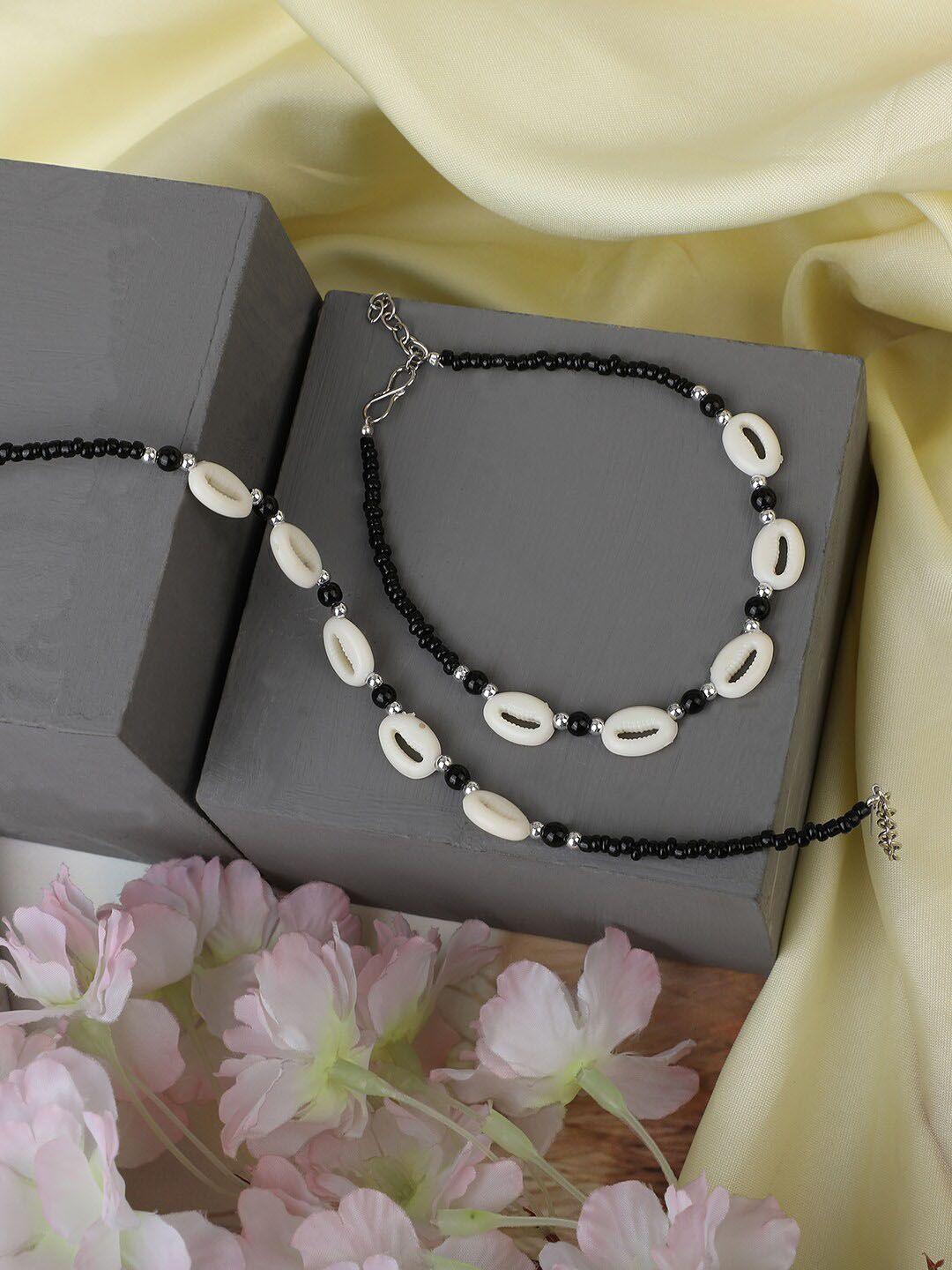 anikas creation silver-plated sea shell & black beaded anklets