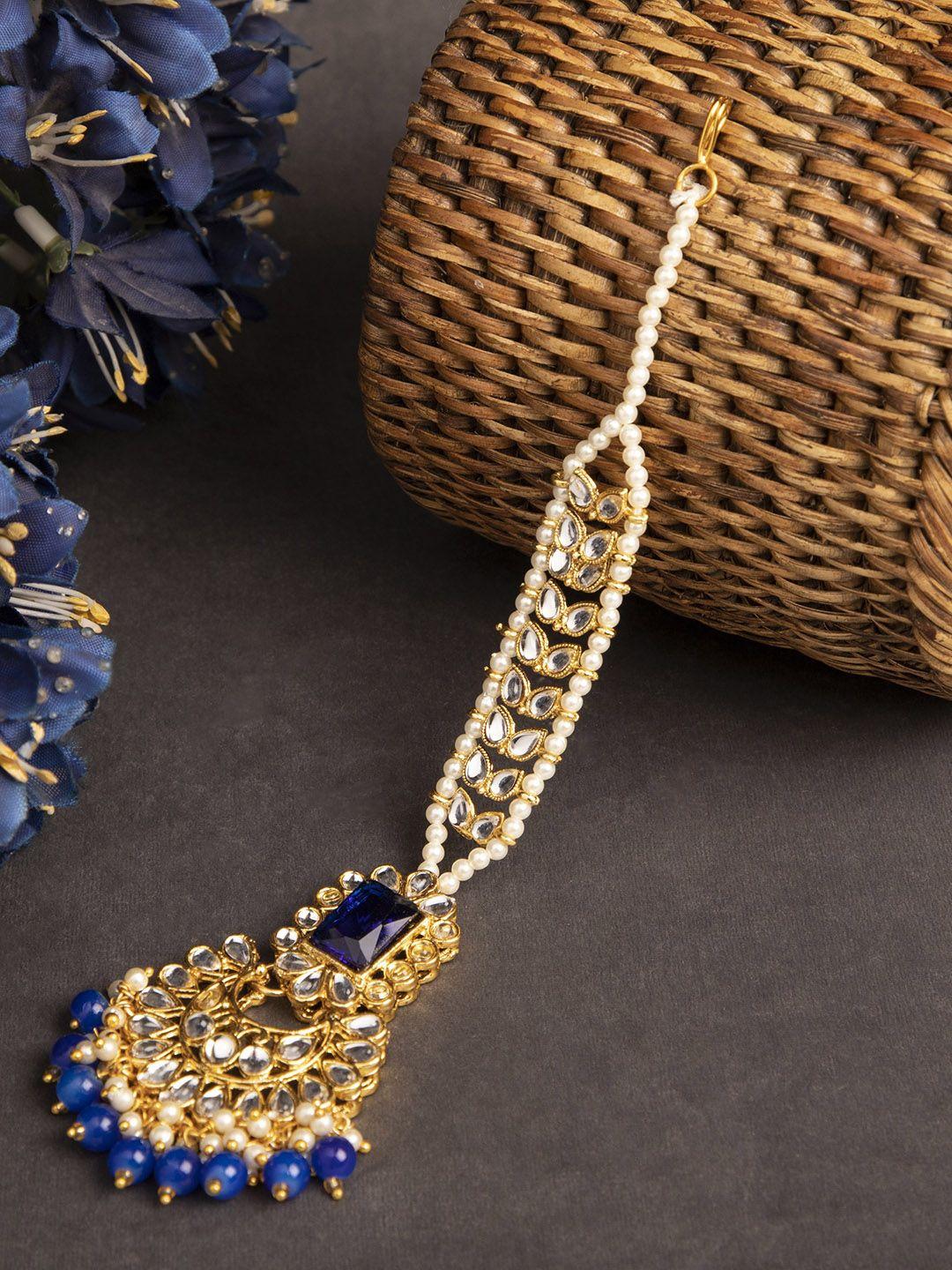 anikas creation women gold-plated & blue kundan & pearl embellished maang tikka