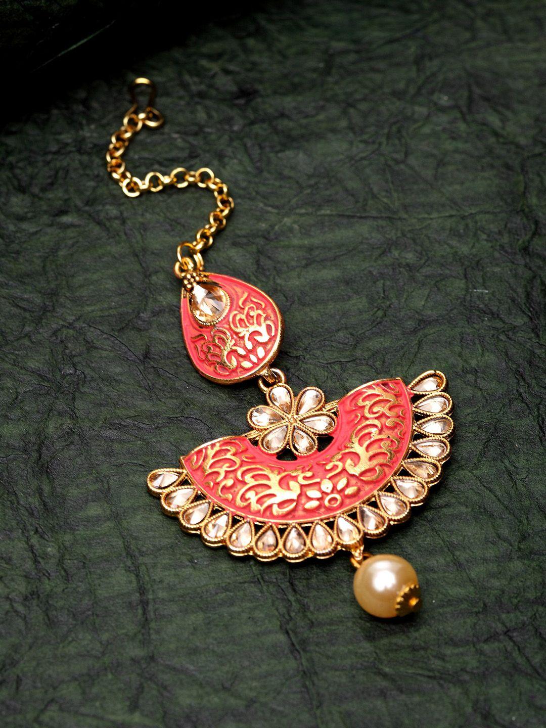 anikas creation women gold-plated & coral-coloured stone-studded enamelled maang tikka