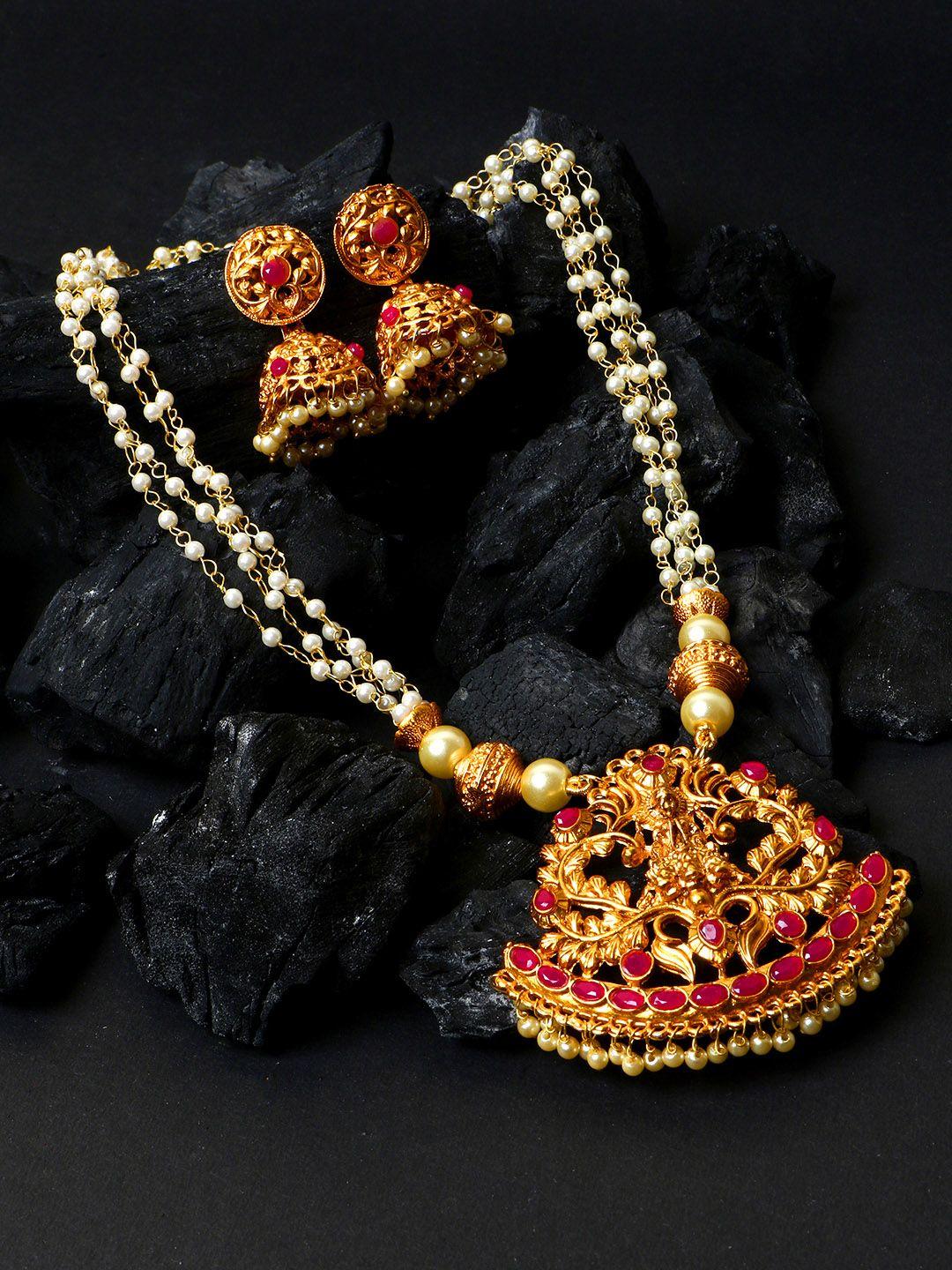 anikas creation women gold-plated & off-white stone-studded temple jewellery set