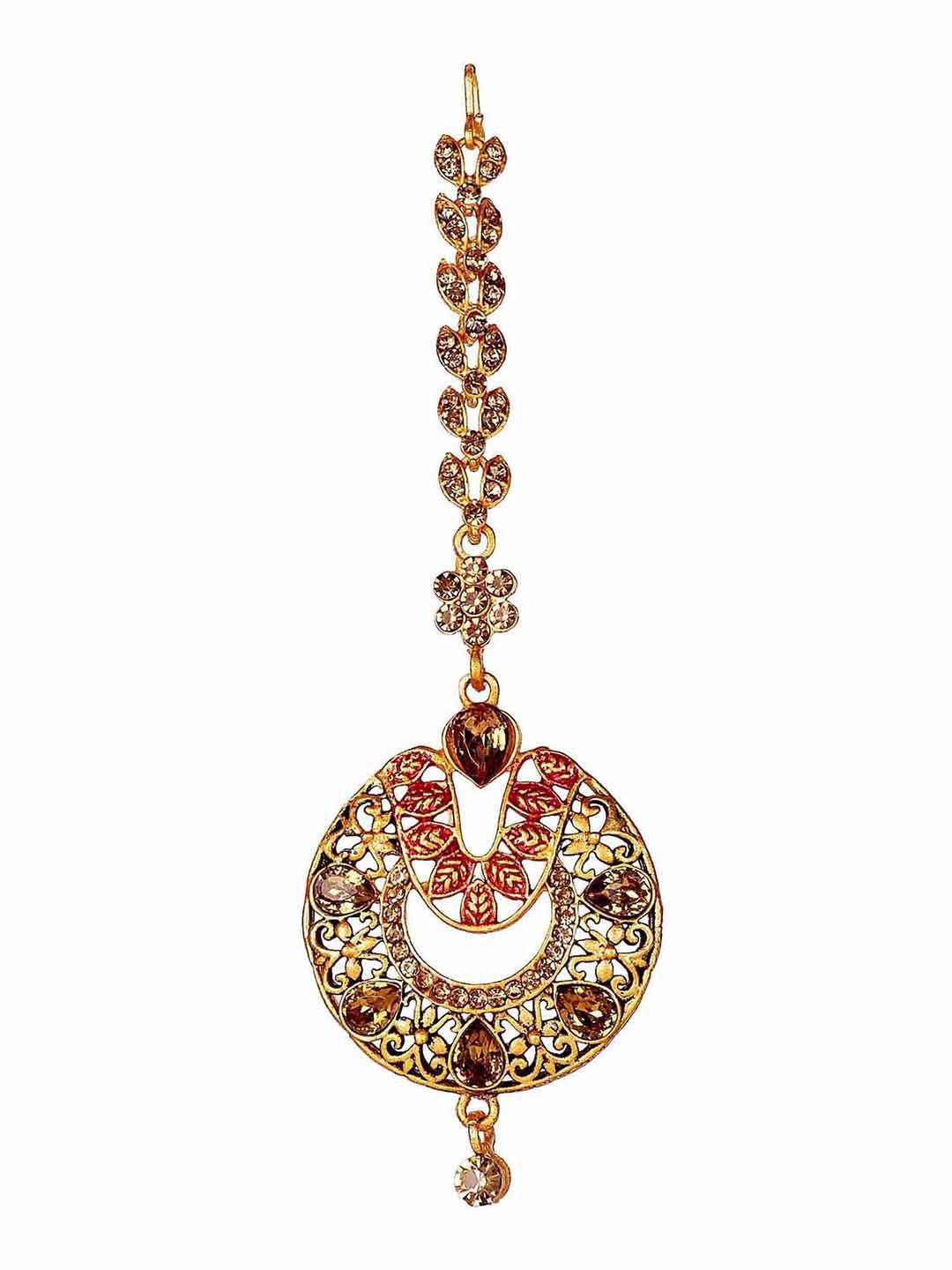 anikas creation women gold-plated & orange embellished maang tikka