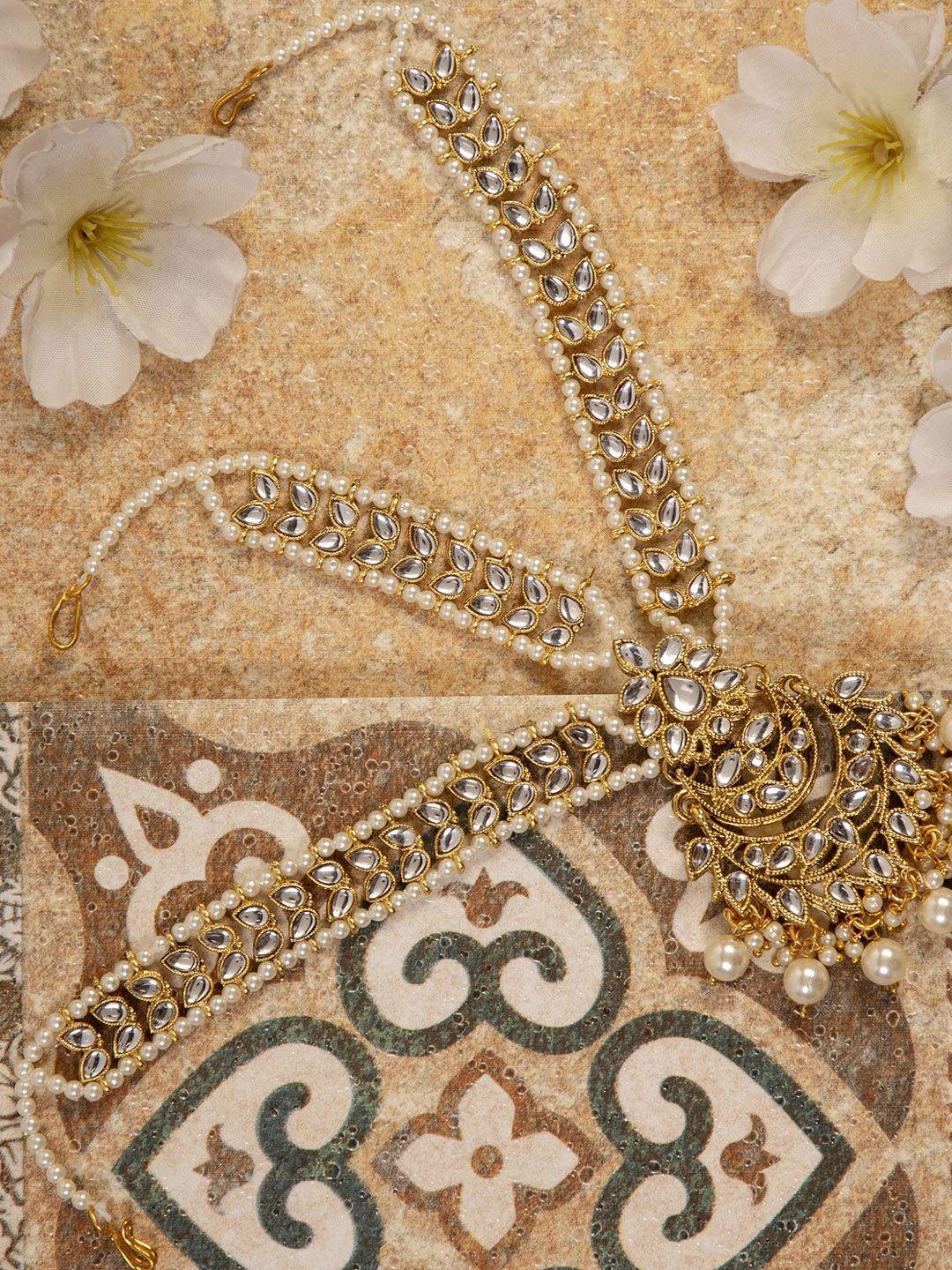 anikas creation women gold-plated & white kundan & pearl embellished matha patti