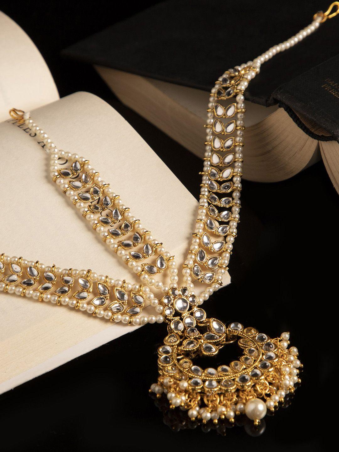 anikas creation women gold-plated & white kundan & pearl embellished matha patti