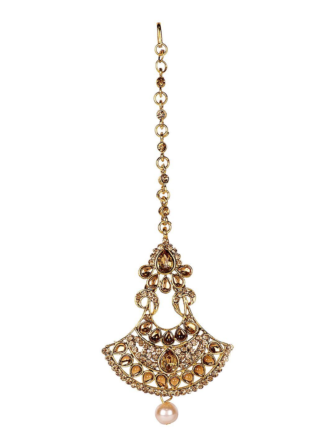 anikas creation women gold-plated & white kundan embellished maang tikka