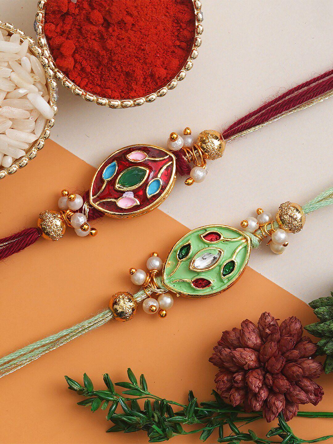 anil rakhi set of 2 brown and pista green pearls, beads rakhi &  roli chawal pack