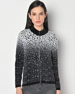 animal pattern zip-front fitted cardigan