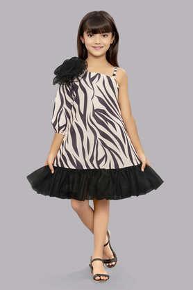 animal print blended fabric asymmetric girls party wear dress - black