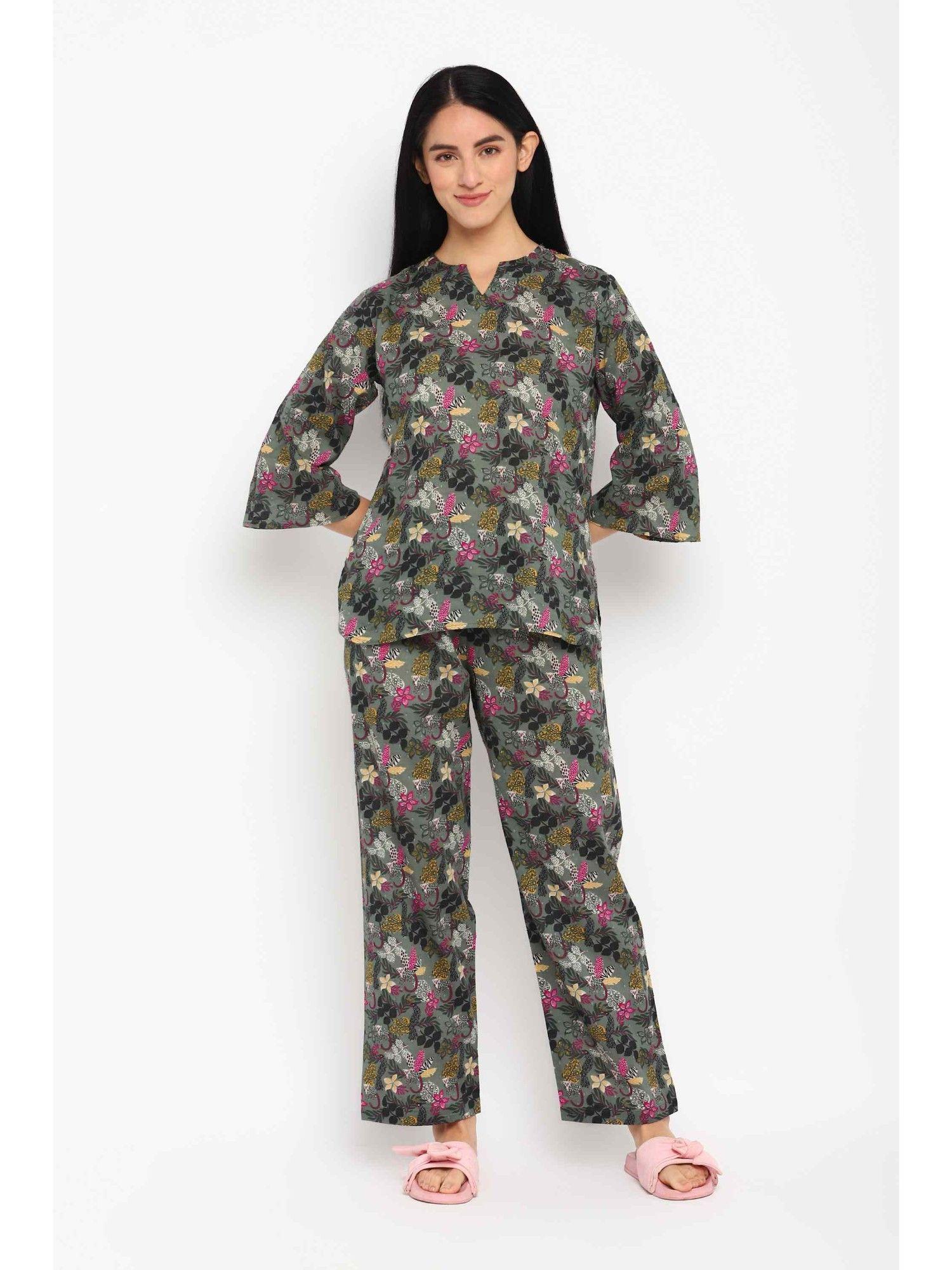animal flower print cotton long sleeve womens night suit (set of 2)