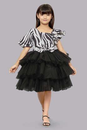 animal print blended fabric asymmetric girls party wear dress - black