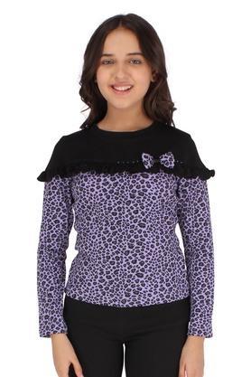 animal print cotton blend round neck girls top - purple