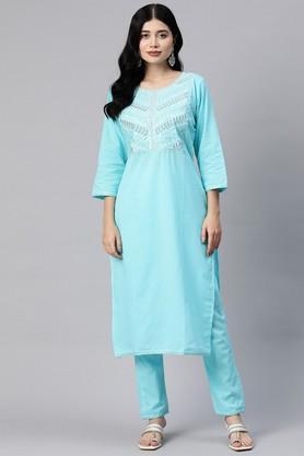 animal print cotton regular fit women's kurta set - blue