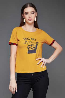 animal print cotton round neck women's t-shirt - mustard