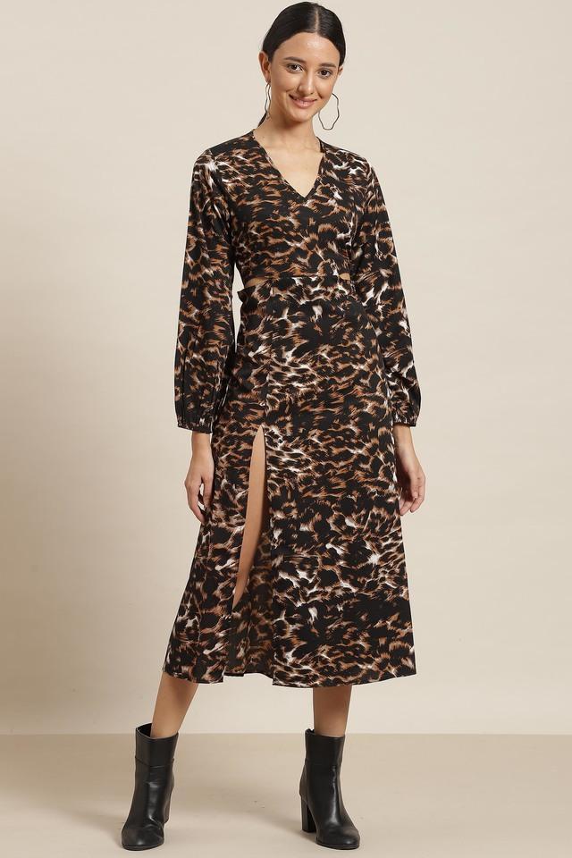 animal print crepe v neck womens maxi dress