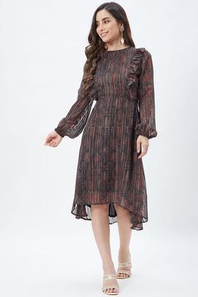 animal print crew neck georgette women's midi dress - brown