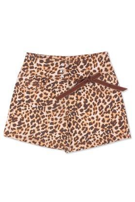 animal print denim regular fit girls shorts - brown