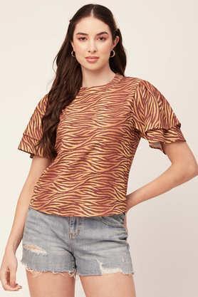 animal print faux crepe round neck women's top - brown