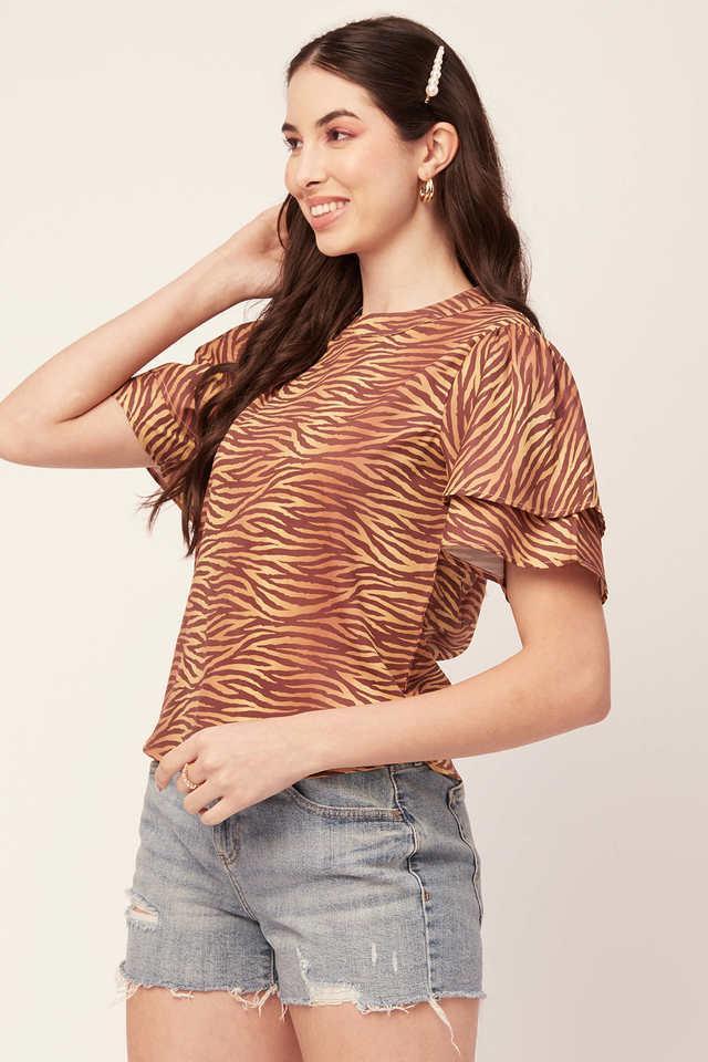 animal print faux crepe round neck womens top