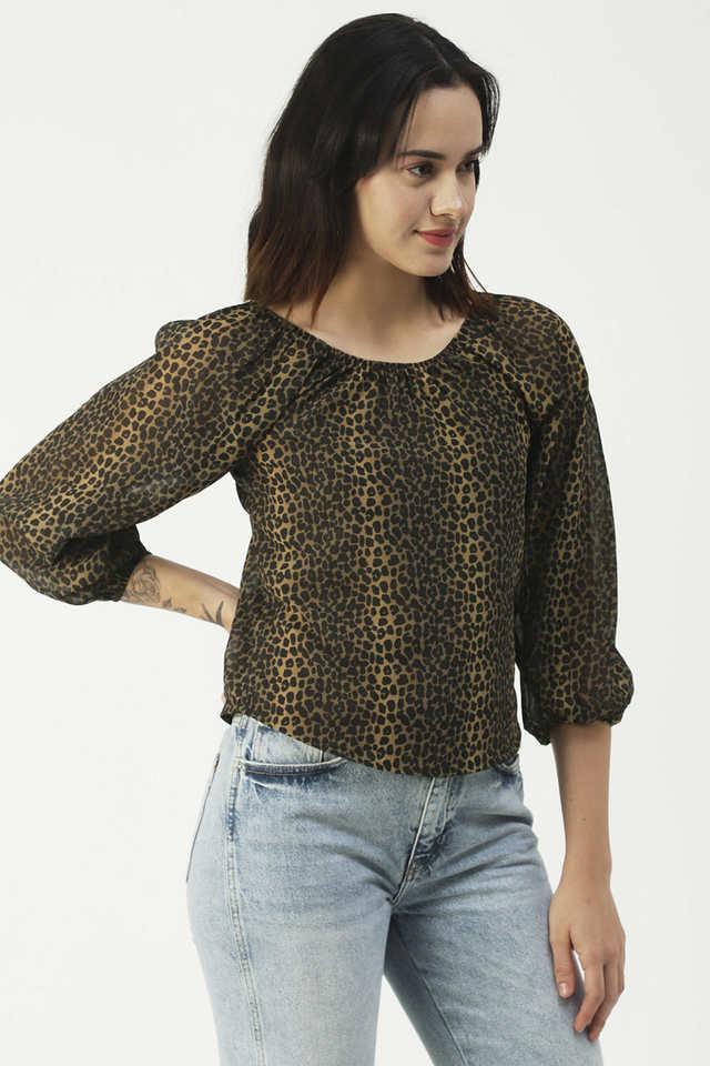 animal print faux georgette round neck womens top