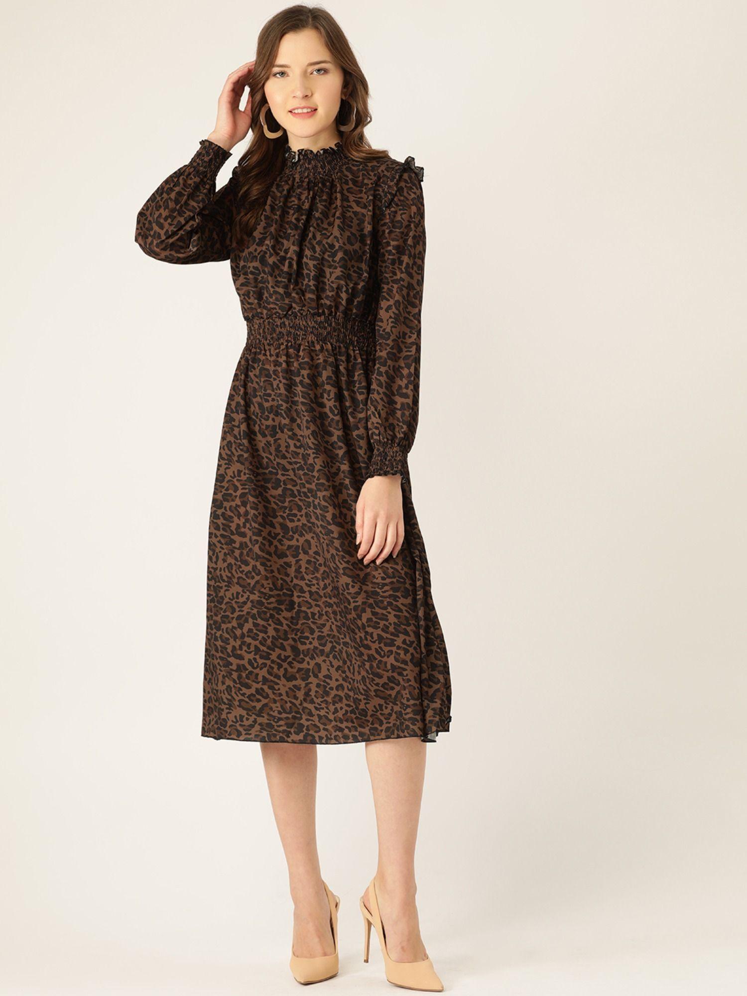 animal print fit & flare dress brown & black