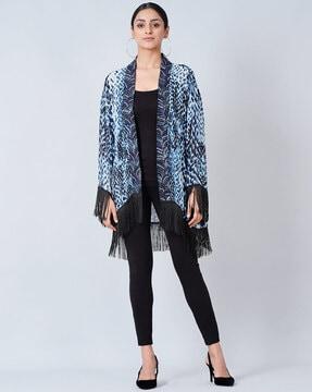 animal print front-open shrug with fringed hem