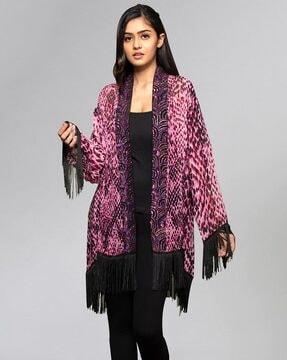 animal print front-open shrug with fringed hem