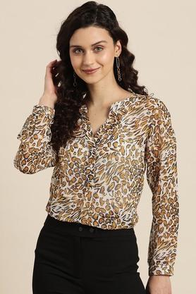 animal print georgette mandarin women's top - brown