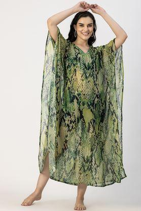 animal print georgette v-neck women's casual wear kaftan - green
