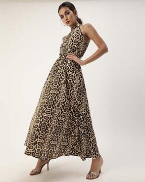 animal print high-neck gown dress