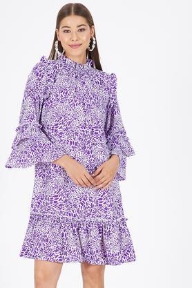 animal print polyester high neck women's midi dress - purple