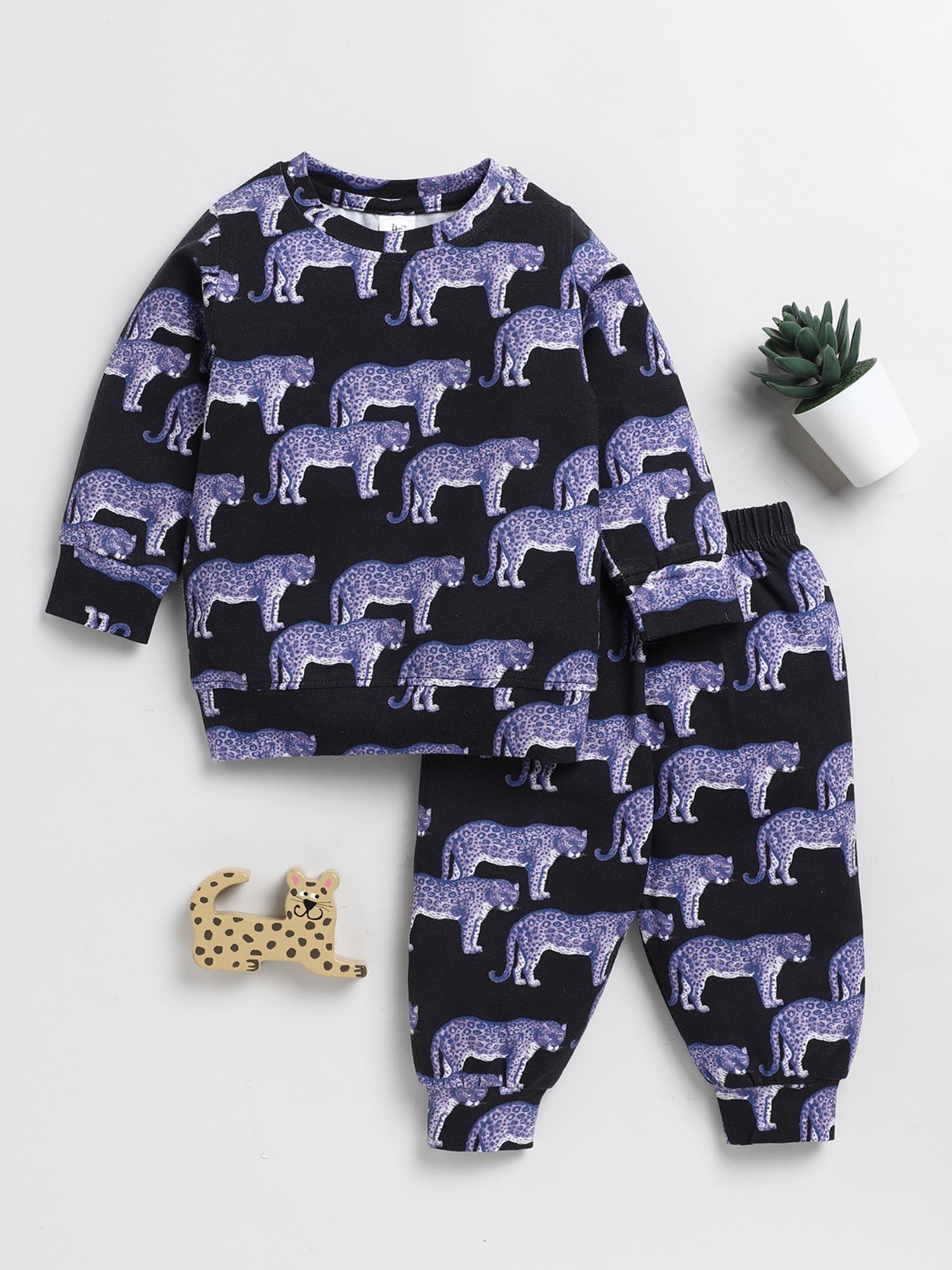animal print purple full sleeve night suit (set of 2)