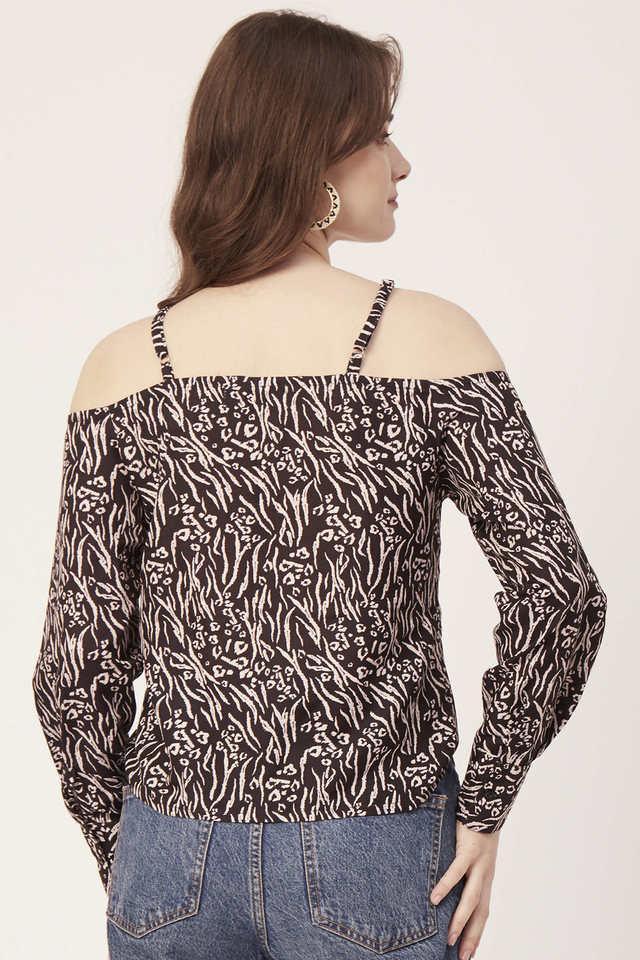 animal print rayon blend off shoulder womens top