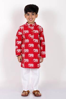animal print rayon boys kurta set - red