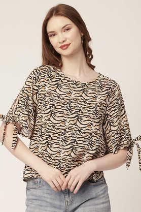 animal print rayon round neck women's top - natural